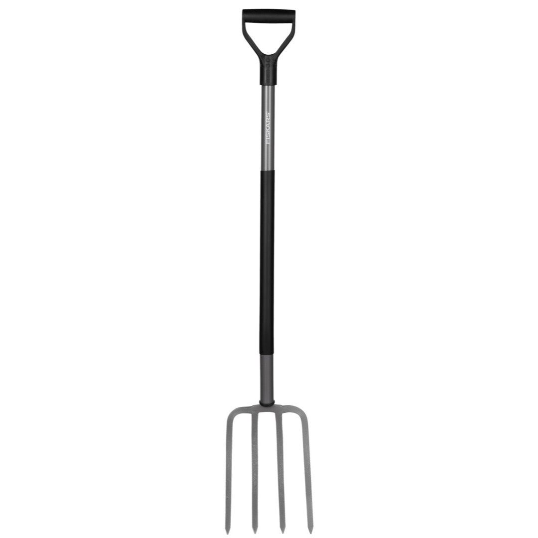 Widły do kopania Fiskars Ergonomic z czarnym uchwytem D i wygiętym trzonkiem