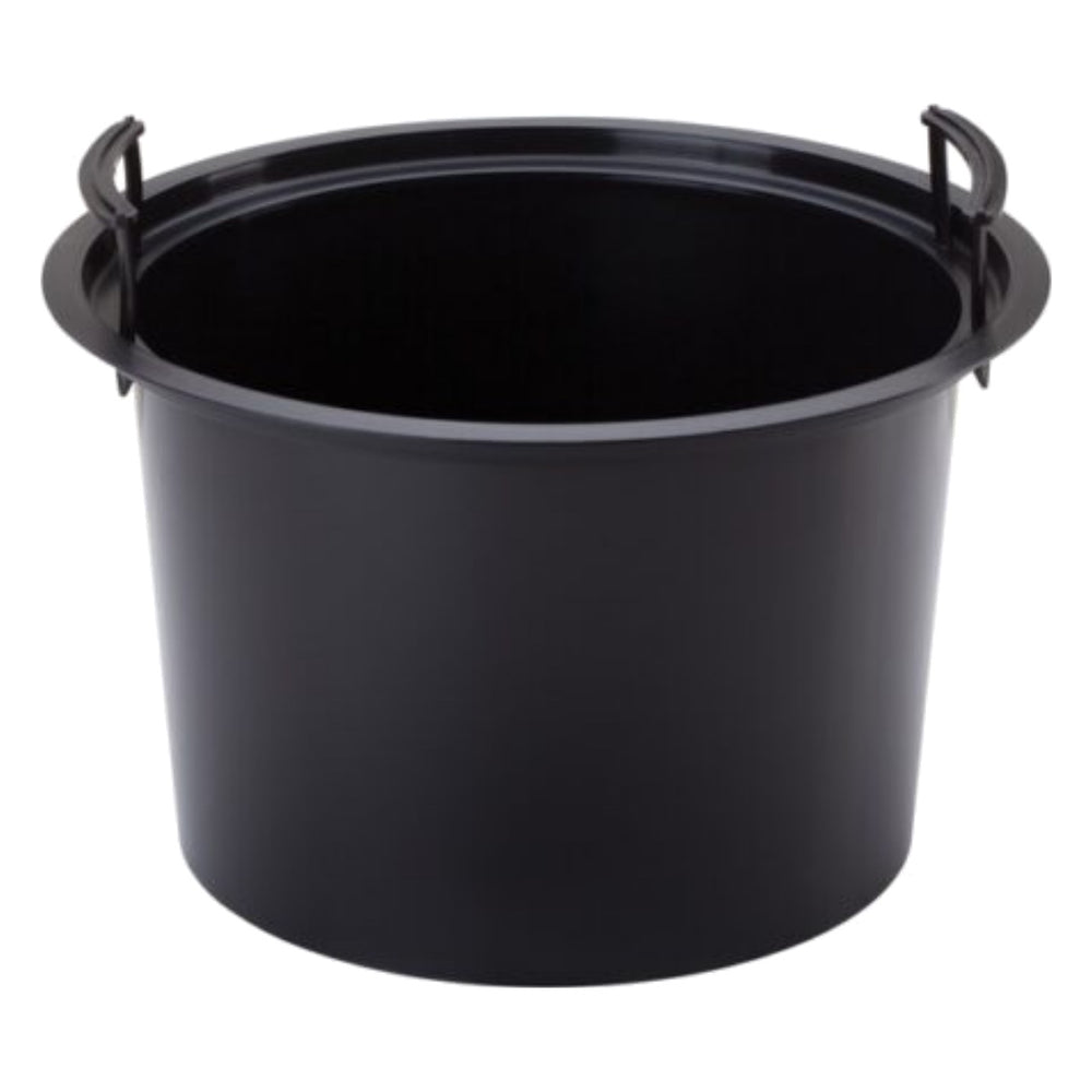 Czarny okrągły wkład do donicy Form-Plastic z uchwytami na białym tle