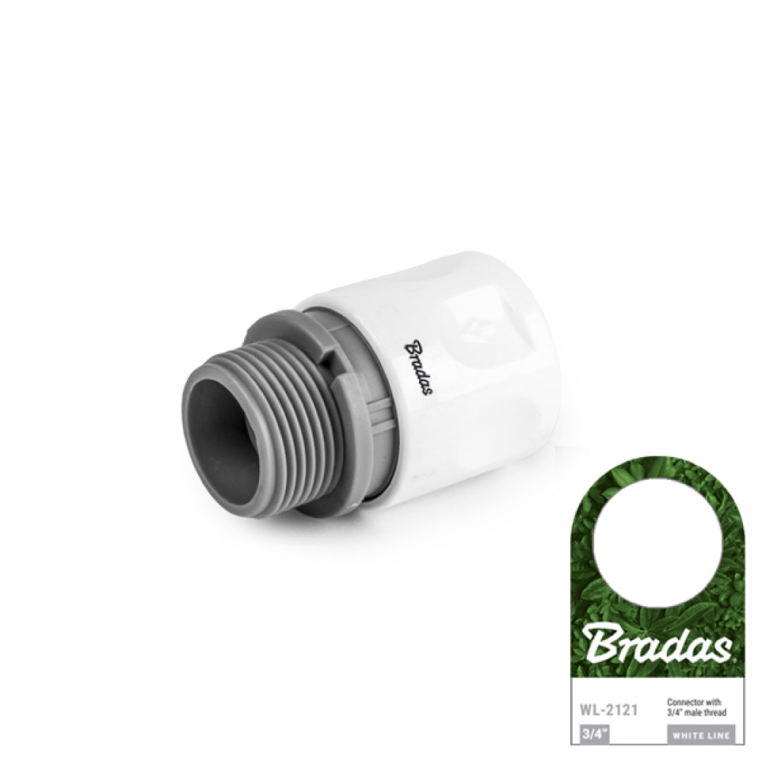 Biało-szare szybkozłącze z gwintem zewnętrznym 3/4" Bradas White Line WL-2121 z przywieszką producenta