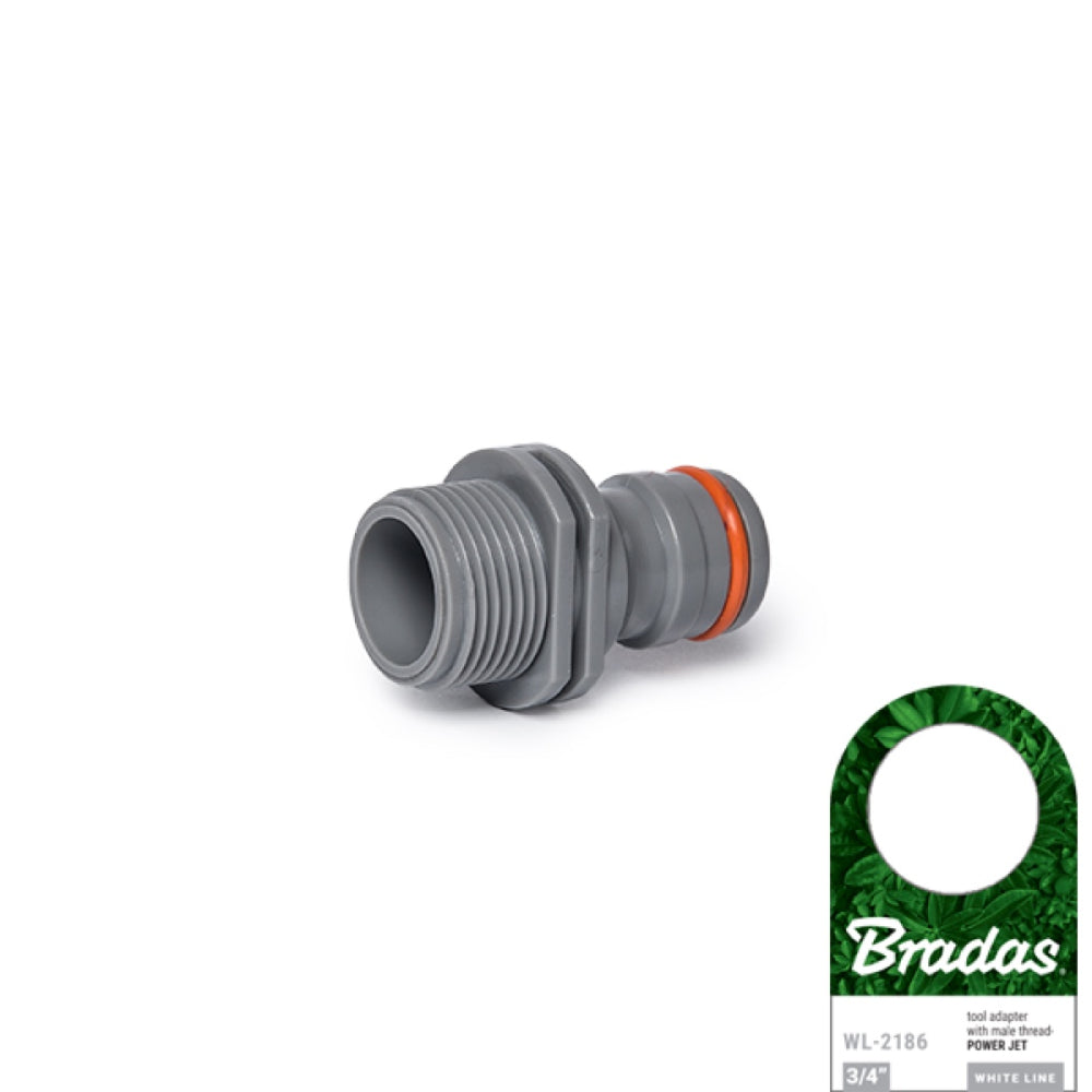 Szare przyłącze Power Jet z gwintem zewnętrznym 3/4" Bradas White Line WL-2186 z pomarańczowym pierścieniem i przywieszką