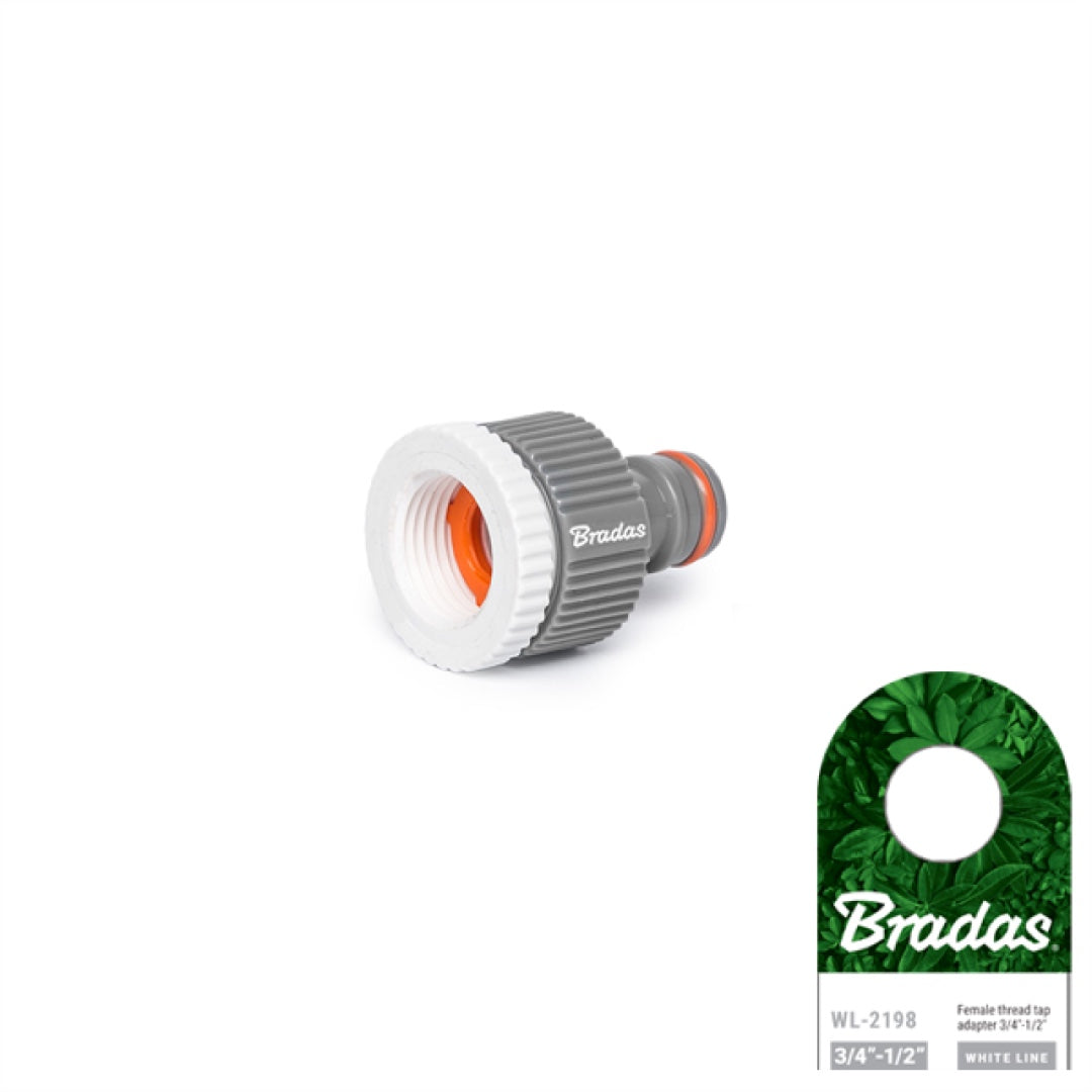 Szaro-białe przyłącze na kran z redukcją 3/4" na 1/2" Bradas White Line WL-2198 z pomarańczowym wnętrzem i przywieszką