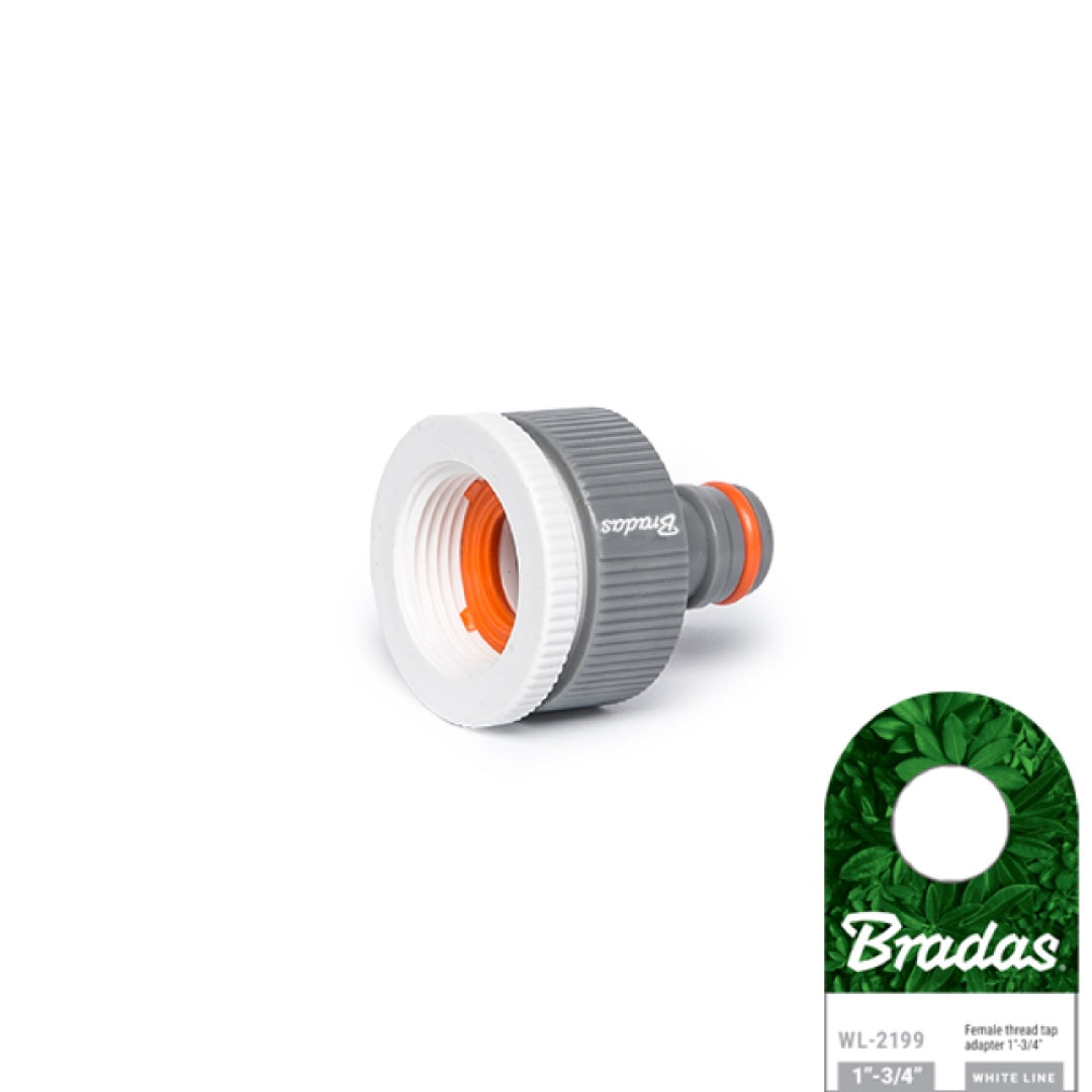 Szaro-białe przyłącze na kran z redukcją 1" na 3/4" Bradas White Line WL-2199 z pomarańczowym wnętrzem i przywieszką