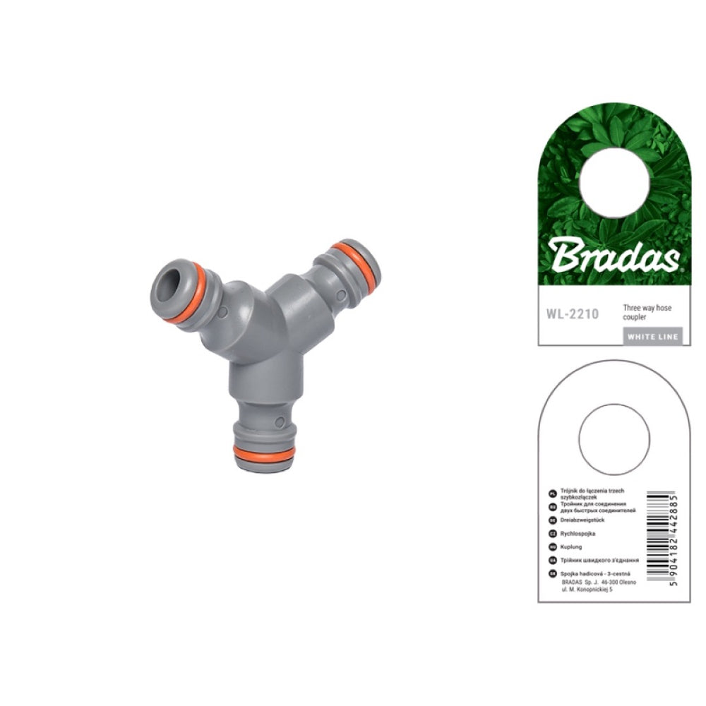 Trójnik do szybkozłączy Bradas WL-2210 z przednią i tylną stroną przywieszki producenta