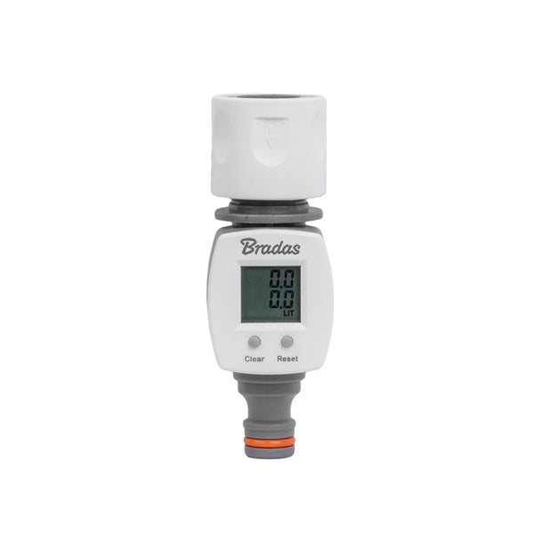 Biało-szary licznik przepływu wody Bradas White Line WL-3100 z wyświetlaczem LCD i szybkozłączką