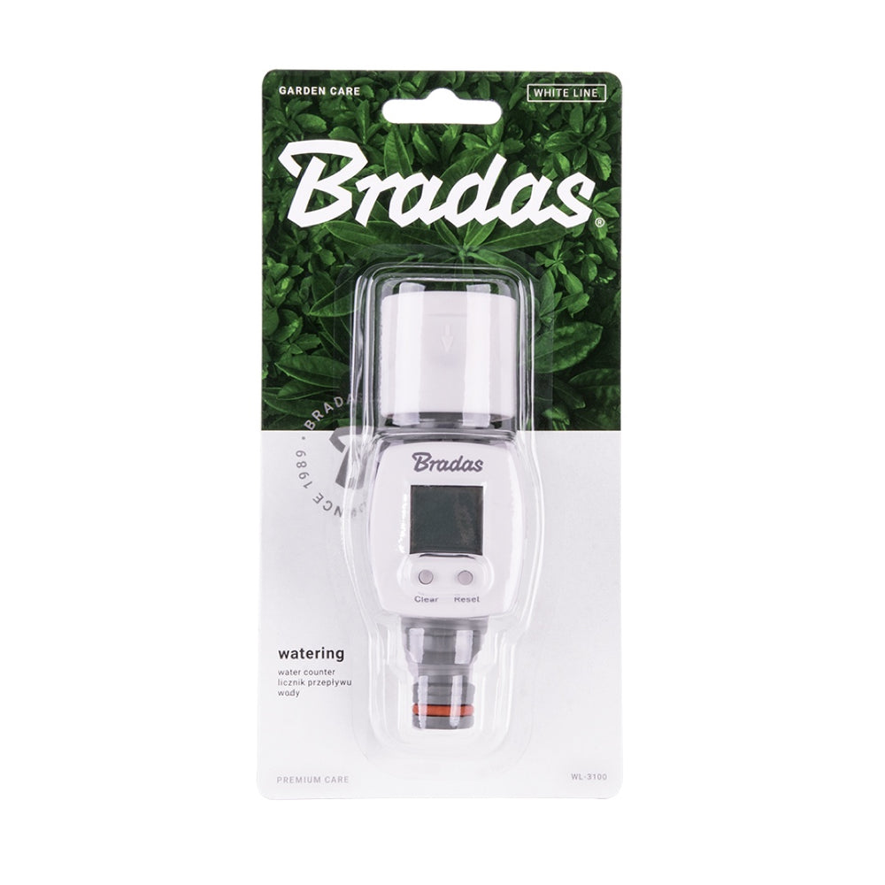 Licznik przepływu wody Bradas WL-3100 w opakowaniu blister na karcie producenta