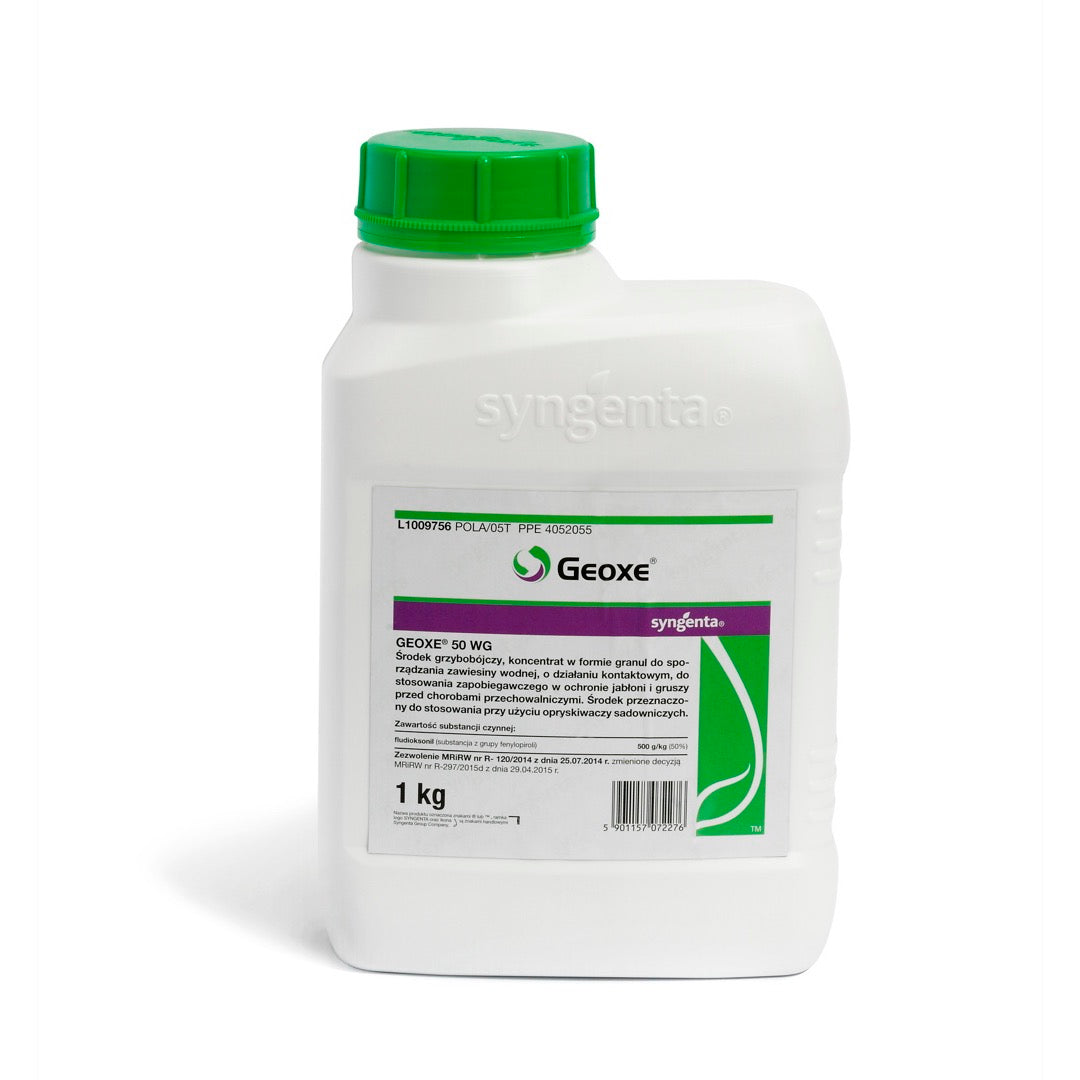 Pojemnik 1 kg fungicydu Geoxe 50 WG firmy Syngenta z zieloną nakrętką