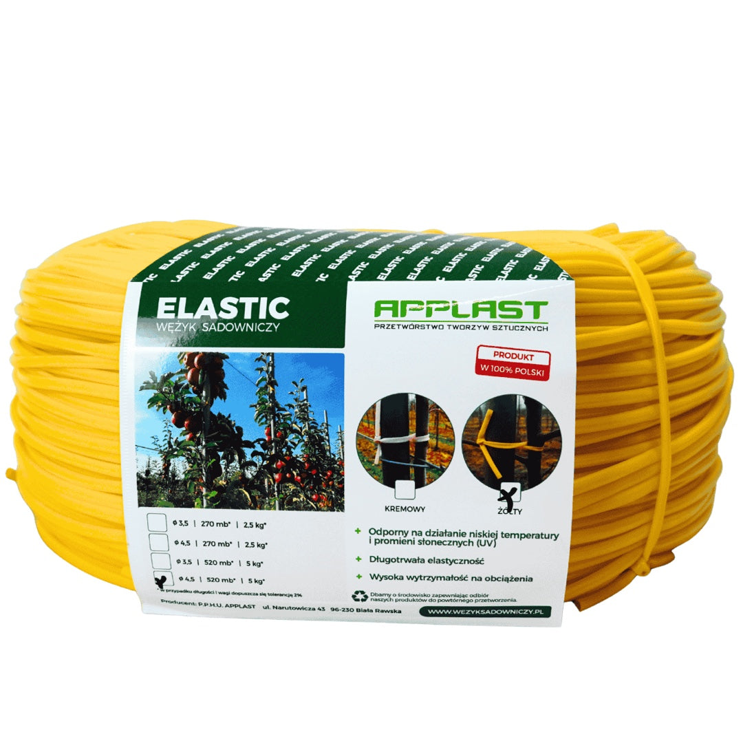 Rolka 5 kg żółtego wężyka sadowniczego Applast ELASTIC o średnicy 4,5 mm