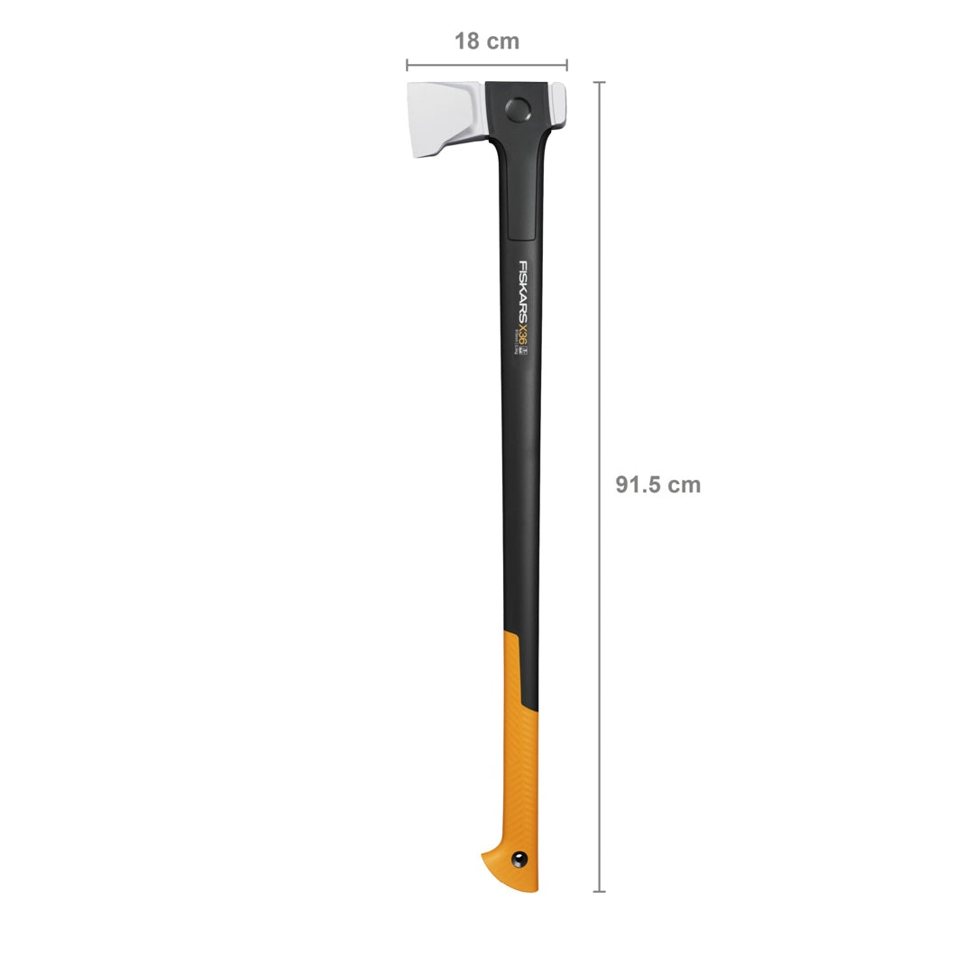 Siekiera rozłupująca X36 Fiskars z oznaczonymi wymiarami: szerokość 18 cm i długość 91,5 cm