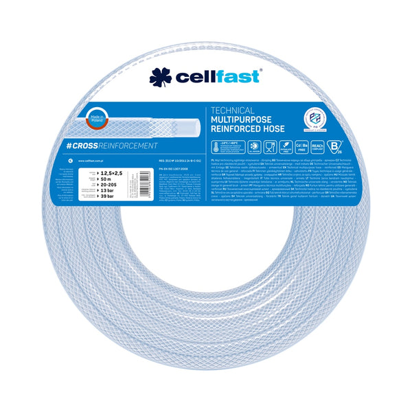 Zwój przezroczystego węża technicznego zbrojonego Cellfast 12,5 × 2,5 mm, 50 m, na białym tle