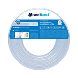 Zwój przezroczystego węża technicznego zbrojonego Cellfast 19,0 × 3,0 mm, 25 m, na białym tle