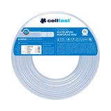 Zwój przezroczystego węża technicznego zbrojonego Cellfast 19,0 × 3,0 mm, 50 m, na białym tle