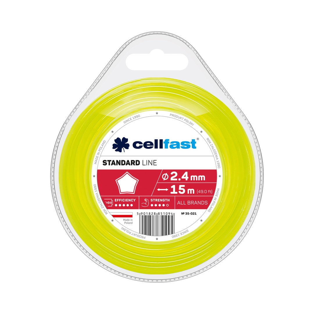 Opakowanie żyłki tnącej Cellfast STANDARD o przekroju gwiazdki 2,4 mm, krążek 15 m na białym tle